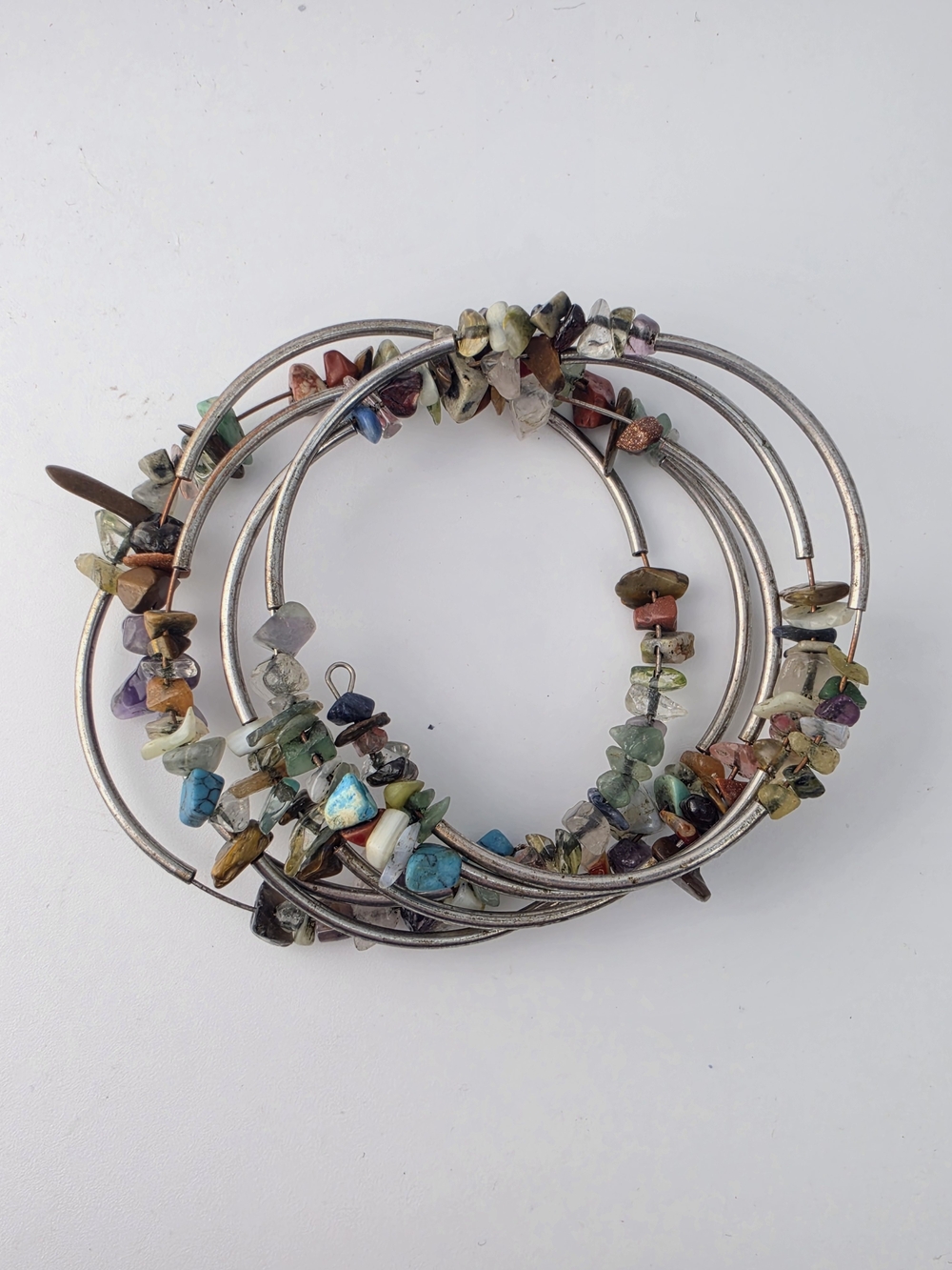 Vintage Turquouise Jasper Quartz Jade Gemstone Chip Bead Long Coil Bracelet